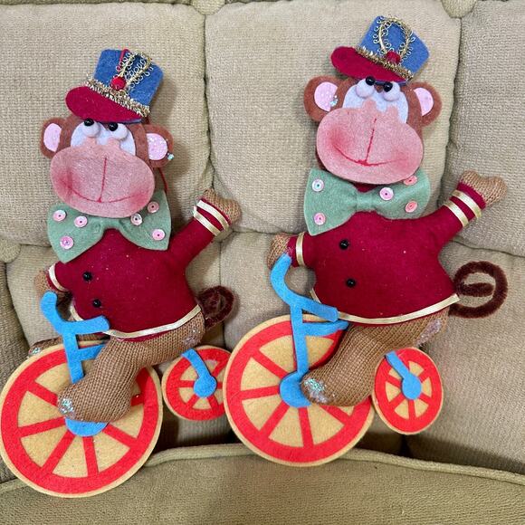 Cycling Christmas Felt Circus Monkey Set of 2. RARE. 5.5” X 11.4” Festive *Read - Picture 2 of 16